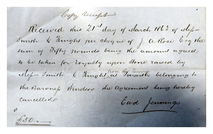 1863 - Copy Receipt - &pound;50 - Royalties Stone Penarth
