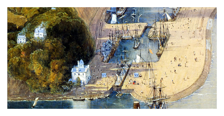 1865 The basin in the lea of Penarth Head with the new Customs House a section of the painting, &ldquo;An Impression of Penarth Docks&rdquo; by G.H. Andrews