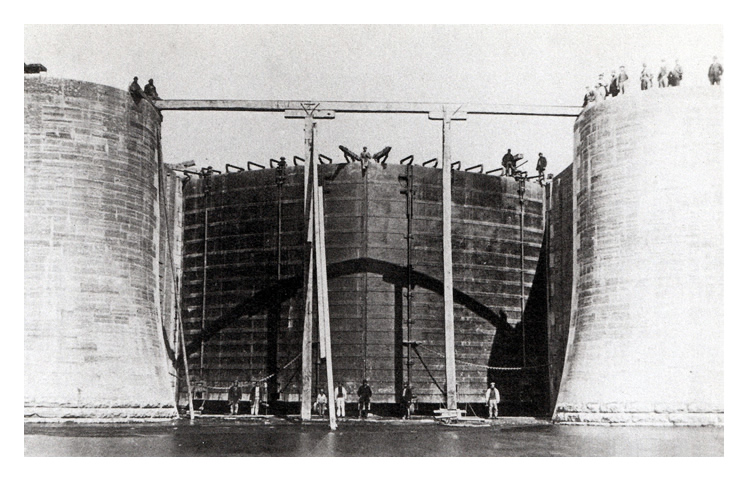 A set of lock gates under installation in 1865 - building Penarth Dock