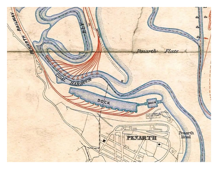 A circa 1865 map showing twelve tips and the ballast wharf of the Ely Tidal Harbour plus the Dock and Basin south of the river.