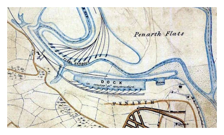 penarth dock - A circa 1865 map showing twelve tips and the ballast wharf of the Ely Tidal Harbour plus the Dock and Basin south of the river.