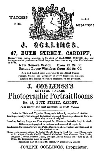 1866 - An advertisement for Joseph Collings of 47 Bute Street, Cardiff from the 1866 Post Office Directory of Glamorganshire published by J. G. Harrod and Company. 