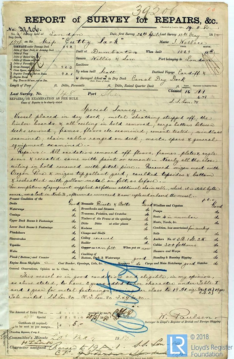 1880 - Cutty Sark - Report of Survey for Repairs, &c., undertaken by Lloyd's Engineer Surveyor, Mr. William Paulsen during May 1880 at the Canal Dry Dock, London. Her Destined Voage is listed as Cardiff &c.