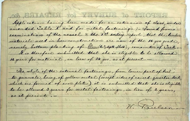 1880 - Cutty Sark - Report of Survey for Repairs, &c., undertaken by Lloyd's Engineer Surveyor, Mr. William Paulsen during May 1880 at the Canal Dry Dock, London. Her Destined Voage is listed as Cardiff &c.