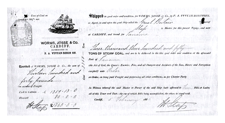 Bill of Lading for 3,350 tons of steam coal loaded aboard the s.s. Great Britain