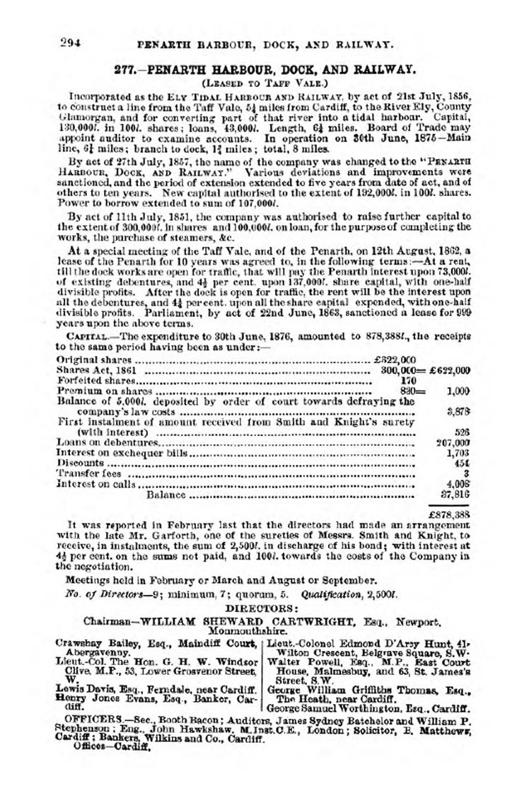 Penarth Harbour, Dock and Railway Company. A description of the evolution of the company taken from Bradshaw's Railway Manual, Shareholder's Guide and Directory of 1877. 