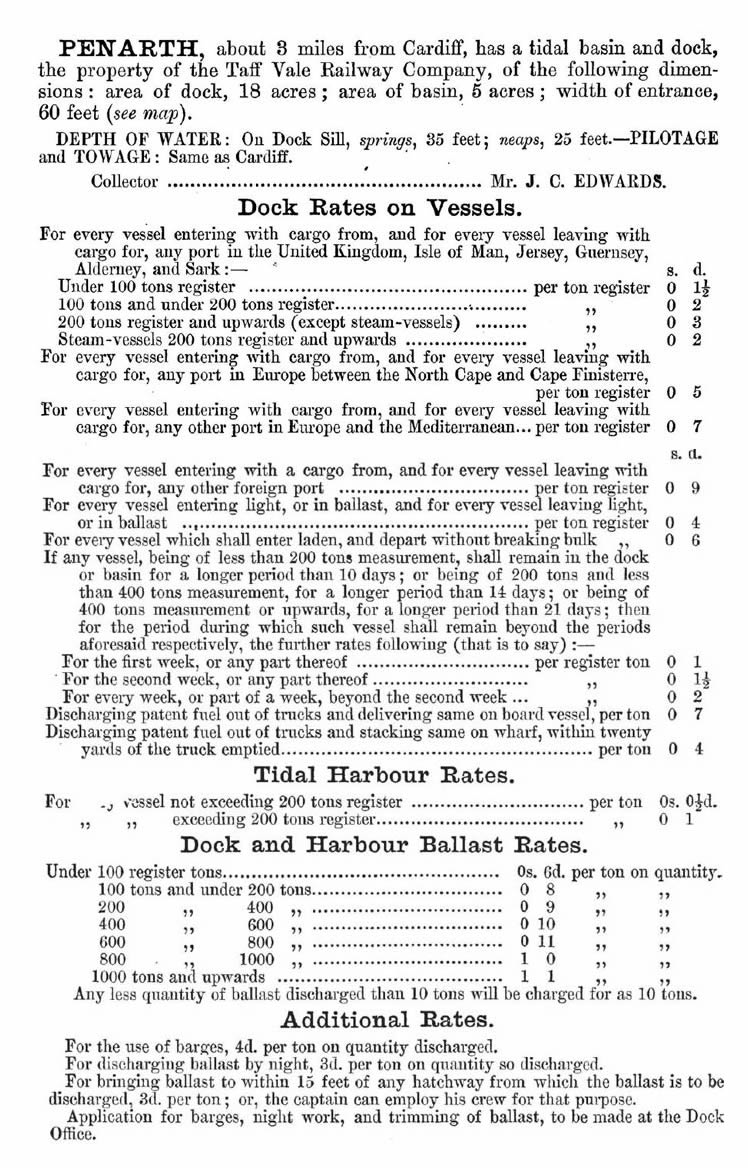 1872 - Penarth - Dock Rates on Vessels.
