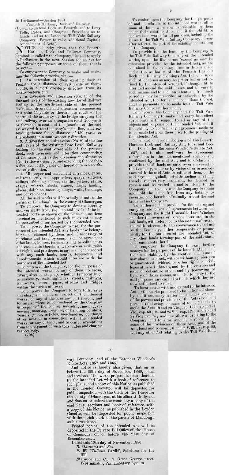 1881 - Penarth Dock Extension - Notice of intention to present to Parliament - 18th November, 1880.