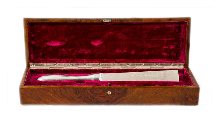 The silver plated steel lever handle used by Mrs T. Oaken Fisher to let the first water into the Penarth Dock Extension on 16th November 1883.