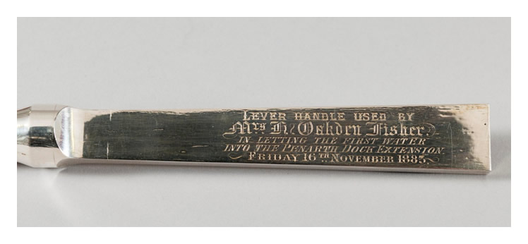 The silver plated steel lever handle used by Mrs T. Oaken Fisher to let the first water into the Penarth Dock Extension on 16th November 1883.