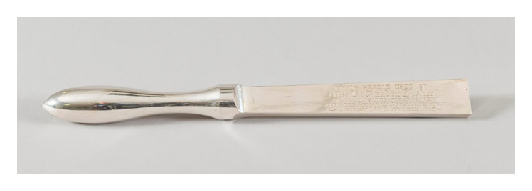 The silver plated steel lever handle used by Mrs T. Oaken Fisher to let the first water into the Penarth Dock Extension on 16th November 1883.