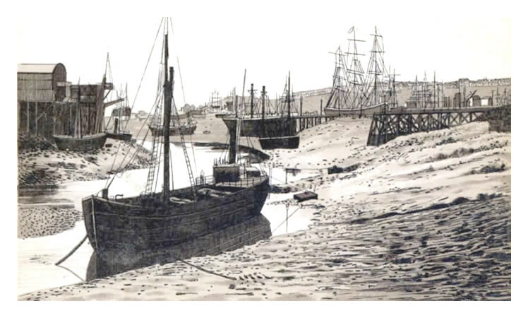 Ely Tidal Harbour with coal tips and the docks high above