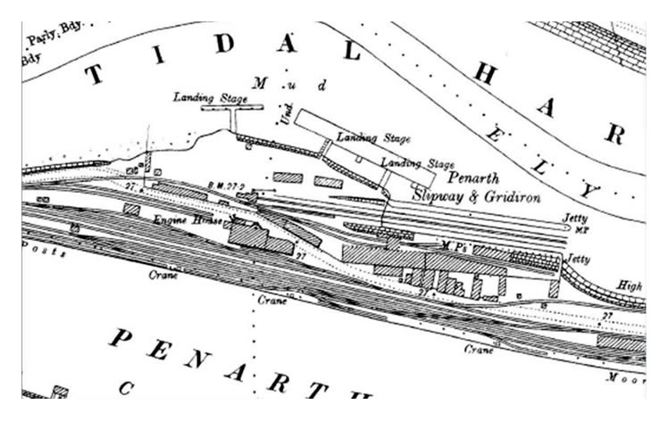 1900 OS map of the area of the dock where the slipway and gridiron belonging to the Penarth Dock Ship Building & Ship Repairing Co. Ltd.