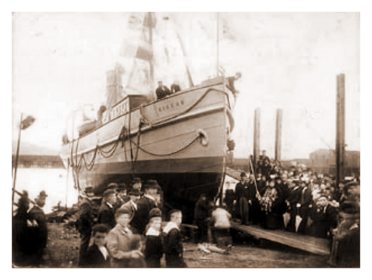 The 1898 launch of the "Eirene" at the slipway of the Penarth Dock Shipbuilding and Ship Repairing yard.