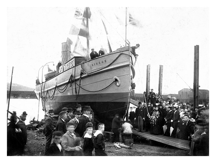 The 1898 launch of the "Eirene" at the slipway of the Penarth Dock Shipbuilding and Ship Repairing yard.