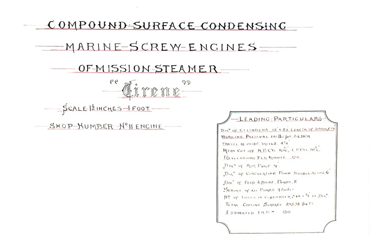 Sections of a drawing of the Compound Surface Condensing Marine Screw Engines of Mission Steamer 'Eirene' - Shop Number No.11 Engine. 