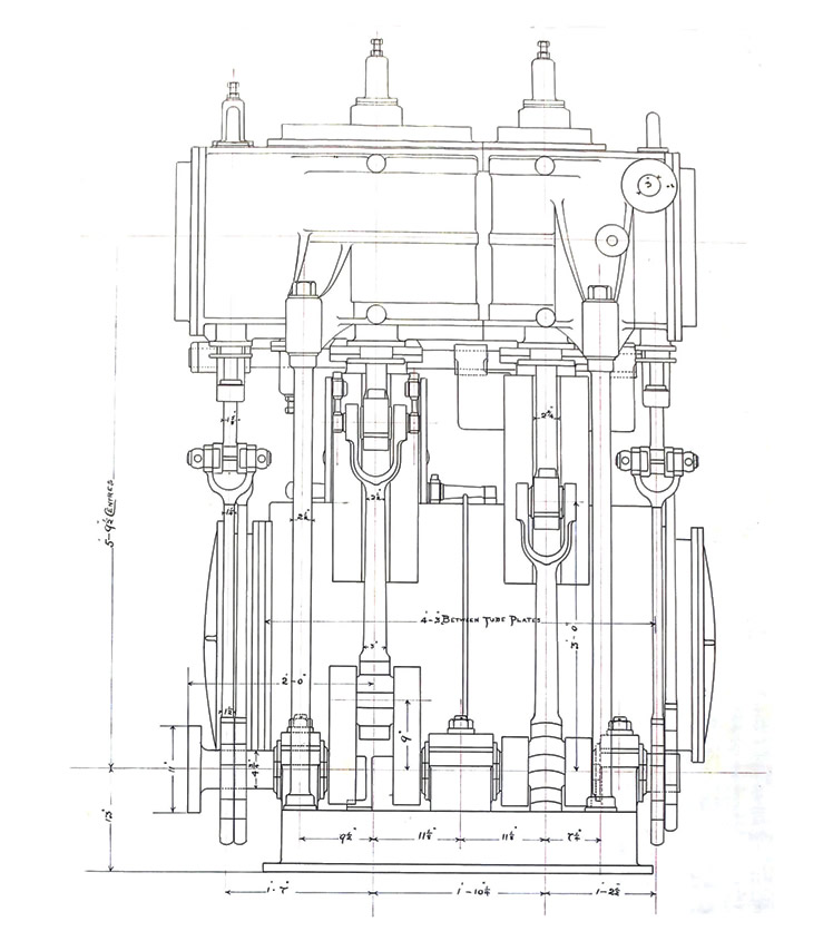 Sections of a drawing of the Compound Surface Condensing Marine Screw Engines of Mission Steamer 'Eirene' - Shop Number No.11 Engine. 