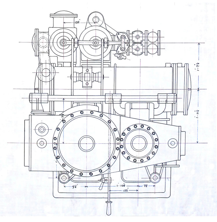 Sections of a drawing of the Compound Surface Condensing Marine Screw Engines of Mission Steamer 'Eirene' - Shop Number No.11 Engine. 