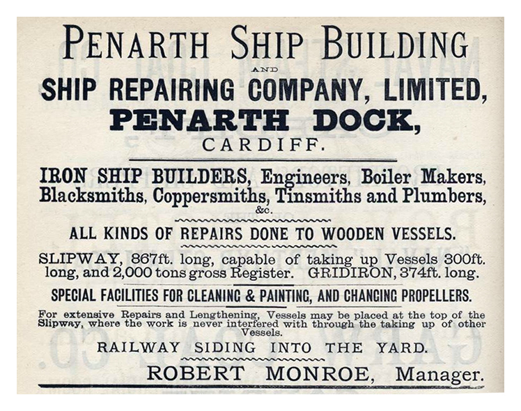 An advertisement for the Penarth Ship Building and Ship Repairing Company, Limited, Penarth Dock, Cardiff from Slater's Directory published in 1884.