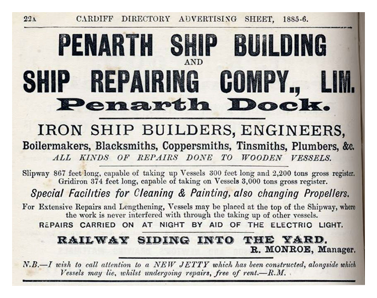 An advertisement from Wright's Directory of 1885-6 for Penarth Ship Building and Ship Repairing Compy., Lim. Penarth Dock.