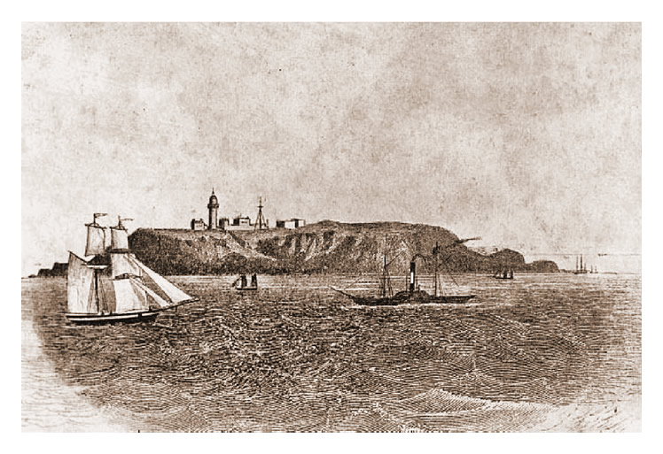 c.1897 - A fine engraving of Flat Holm showing the lighthouse etc. and the mast Marconi constructed for his wireless transmission experiments.