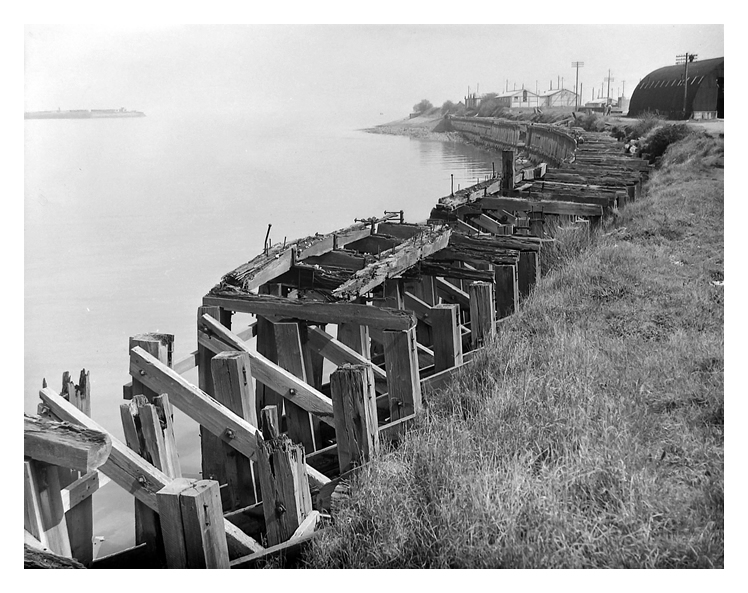1950's - A view downstream from the slipway and gridiron location showing the derelict timber shoring on the Penarth Dock bank of the River Ely Estuary. 