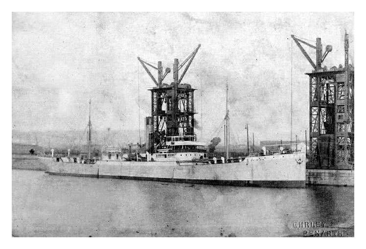 The freighter "Delmira" moored up at the later additions, coal tips numbers 19 and 20 in the main Penarth Dock.