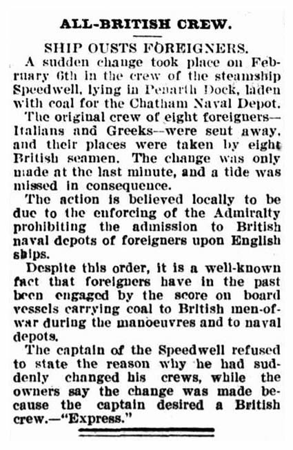 1906 - All-British Crew - Ship Ousts Foreigners - A news report regarding the change of crew of the s.s. 'Speedwell' lying in Penarth Dock. 12th May 1906.