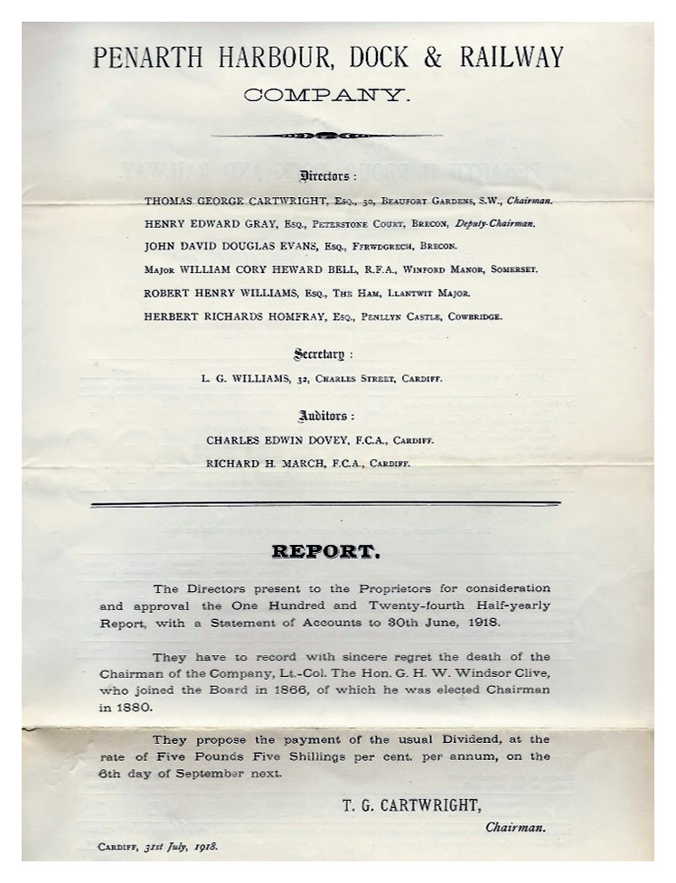The Directors Report and cover page of the Statement of Accounts of the Penarth Harbour, Dock & Railway Company - Cardiff, 31st July, 1918.