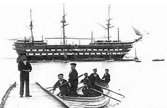 T.S. Exmouth moored at Grays, Essex.