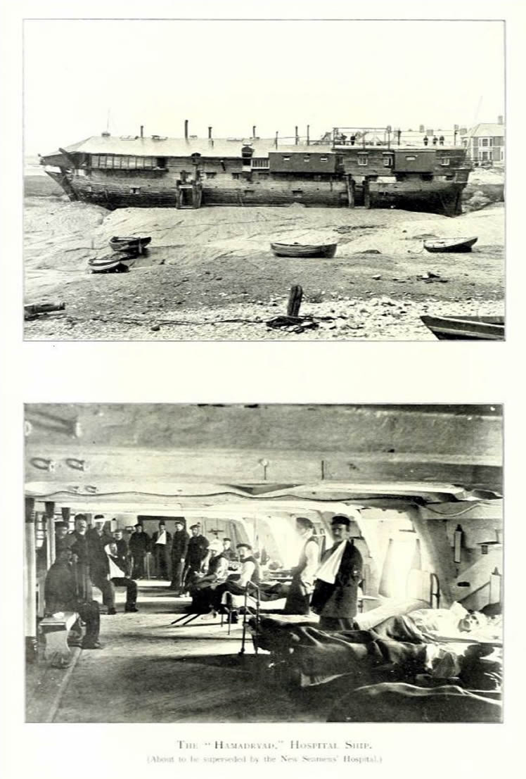 The hulk and a ward on-board the Hamadryad Hospital ship which was about to superseded by the New Seaman's Hospital.