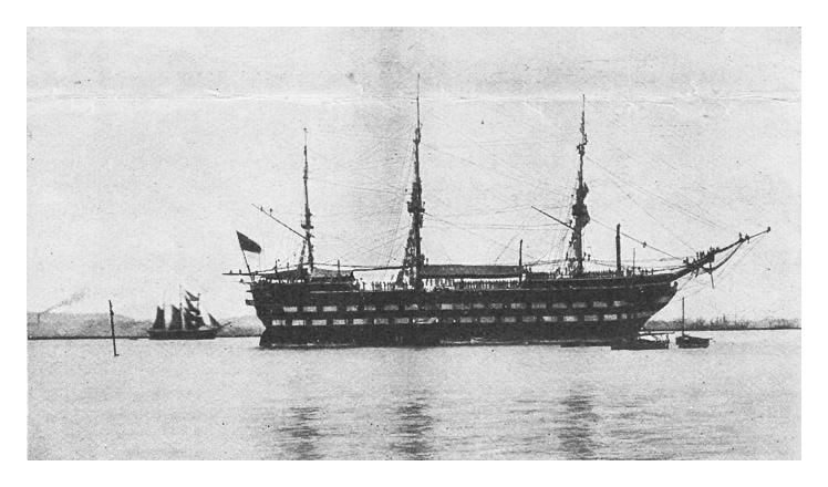 The Exmouth at anchor in the Thames.