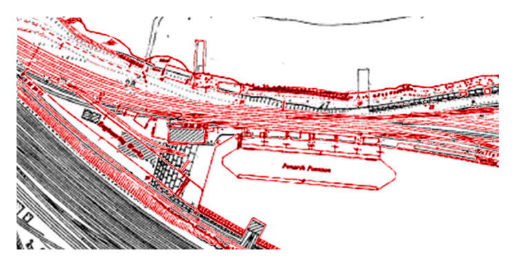 penarth pontoon - The 1900 OS map is shown in black with the red 1955 OS map superimposed over the top of it.