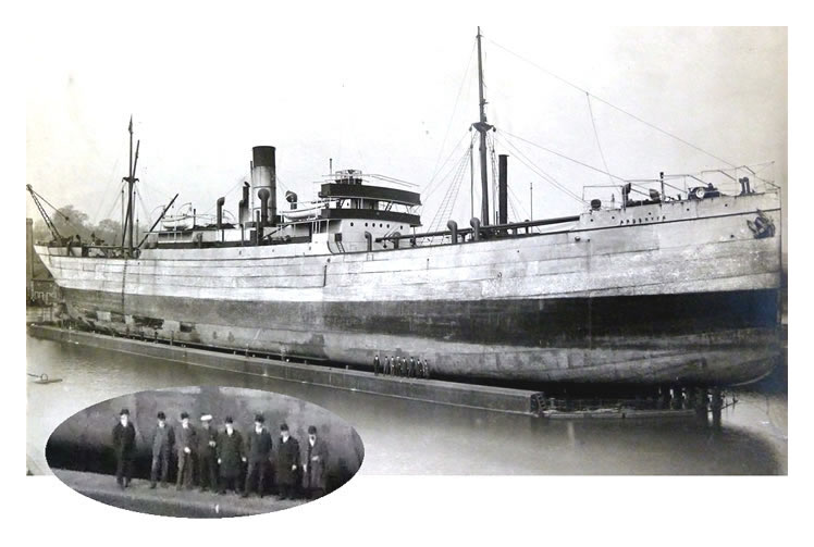 The &ldquo;Ardgryfe&rdquo;, a freighter of length 415 feet and 8,500 tons laden under repair on the Penarth pontoon on the 11th March 1911.