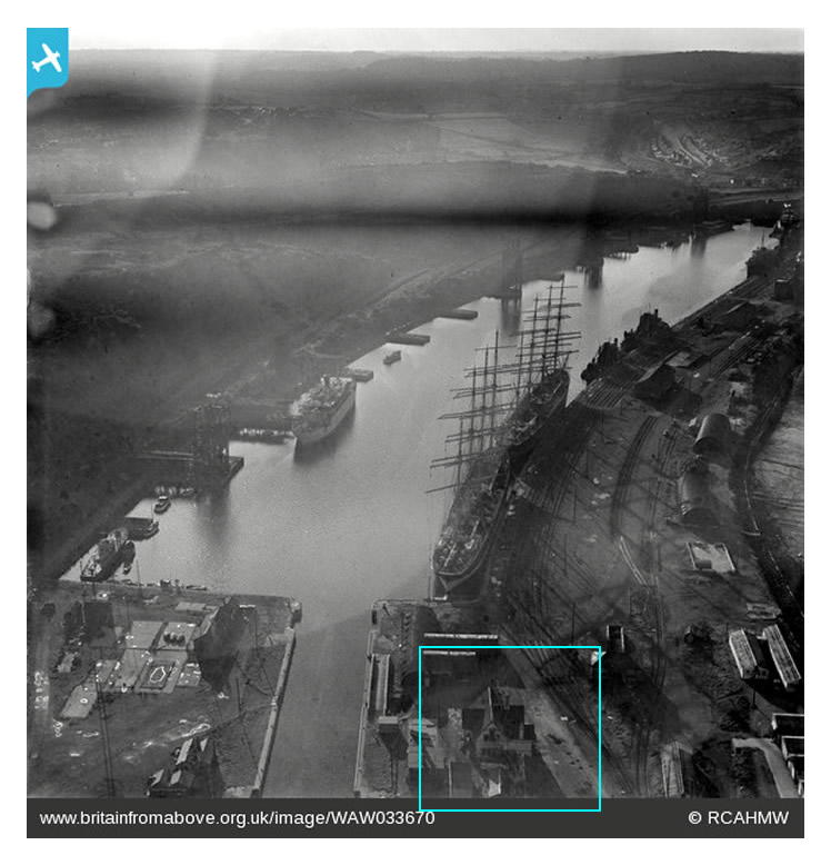 Penarth Dock and Basin showing the 4-masted ships 'Pamir' and 'Passat' with the Missions to Seamen building.