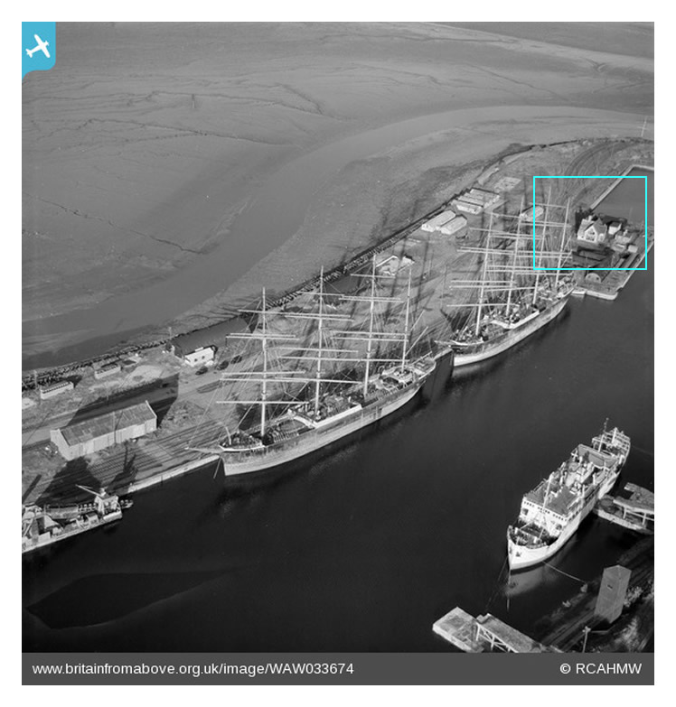 Penarth Dock and Basin showing the 4-masted ships 'Pamir' and 'Passat' with the Missions to Seamen building.
