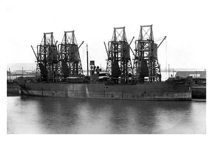 The collier &ldquo;Corcrest&rdquo; waiting to be loaded in June 1923 at tip numbers 15, 16, 17 and 18 within the basin at Penarth Dock.