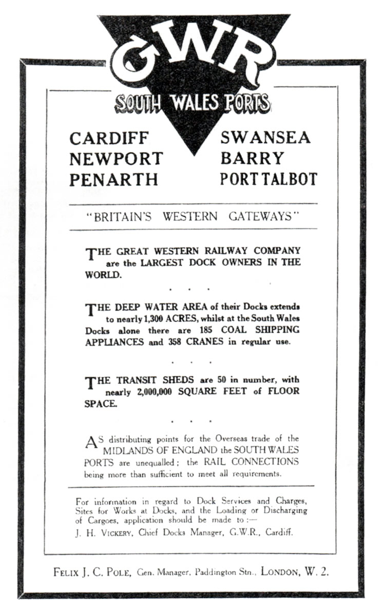 1920's - G.W.R. South Wales Docks - Cardiff, Newport, Penarth, Swansea, Barry and Port Talbot - 'Britain's Western Gateways.' 