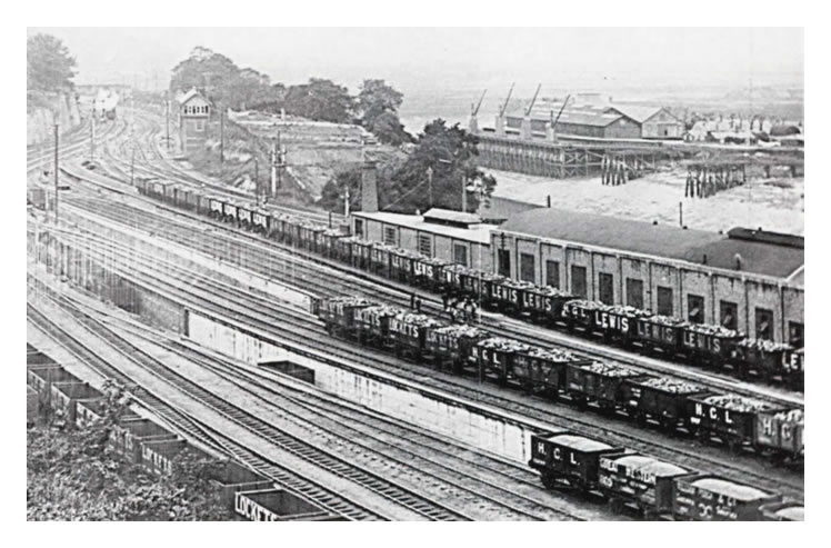 A photograph taken in July 1923 of the numerous sidings situated at the rear of the machine shops of the Penarth Pontoon and Ship Repairing Company Limited.