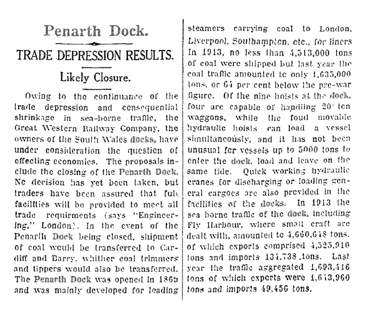 1932 - A newspaper report from Queensland, Australia, charts the inevitable demise of Penarth Dock and the Ely Tidal Harbour due to the falling trade at the port. 