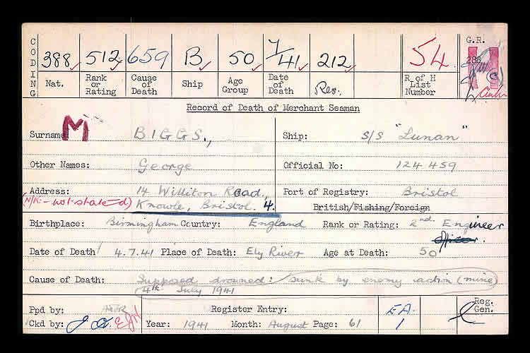 The Record of Death of Merchant Seaman George Biggs whom was Supposed drowned by enemy action (mine) on the 4th July 1941 whilst serving on the s.s. Lunan.