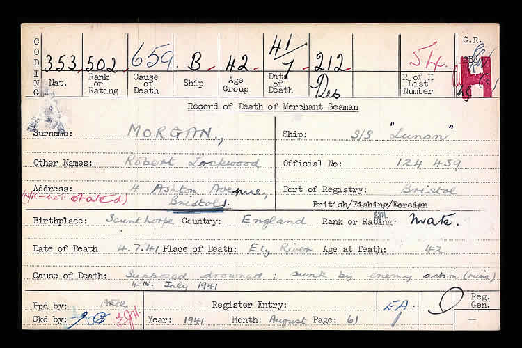 The Record of Death of Merchant Seaman Robert Lockwood Morgan whom was Supposed drowned by enemy action (mine) on the 4th July 1941 whilst serving on the s.s. Lunan.