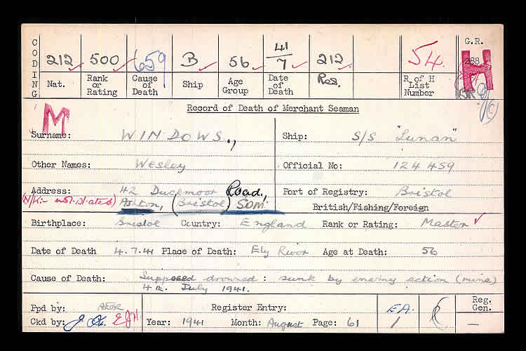 The Record of Death of Merchant Seaman Wesley Windows whom was Supposed drowned ; sunk by enemy action (mine) on the 4th July 1941 whilst serving on the s.s. Lunan.