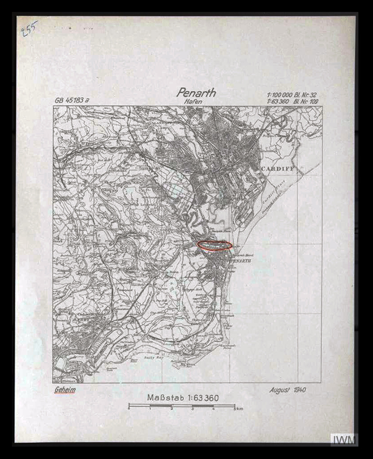 August 1940 - A Luftwaffe map of Penarth with the target Penarth Dock highlighted in red.