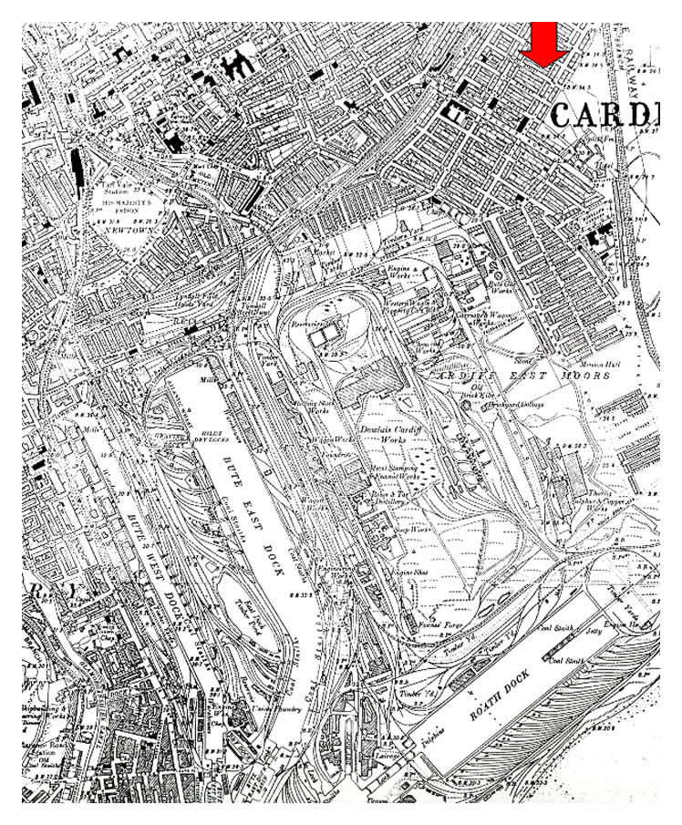 Map of Cardiff Docks and proximity to coveny Street