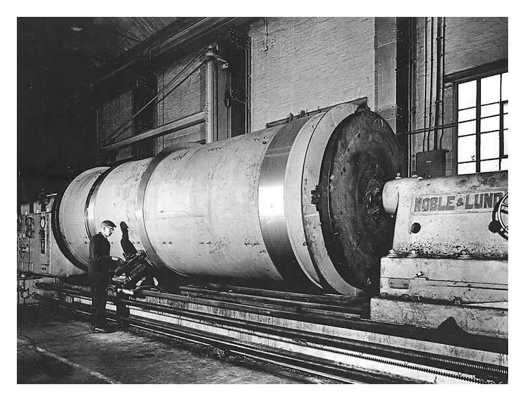 A c.1961 photo of the Noble & Lund lathe situated within the main workshop at Penarth Dock Engineering Company.