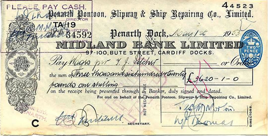 Penarth Pontoon, slipway & Ship Repairing co., Limited 1953 wages cheque