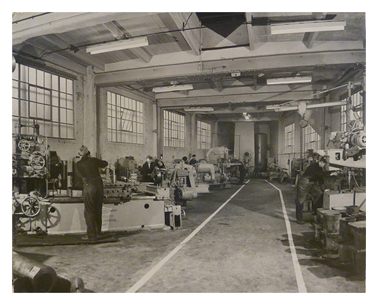 A view looking up the apprentice shop at the Penarth Dock Engineering Company Limited. 