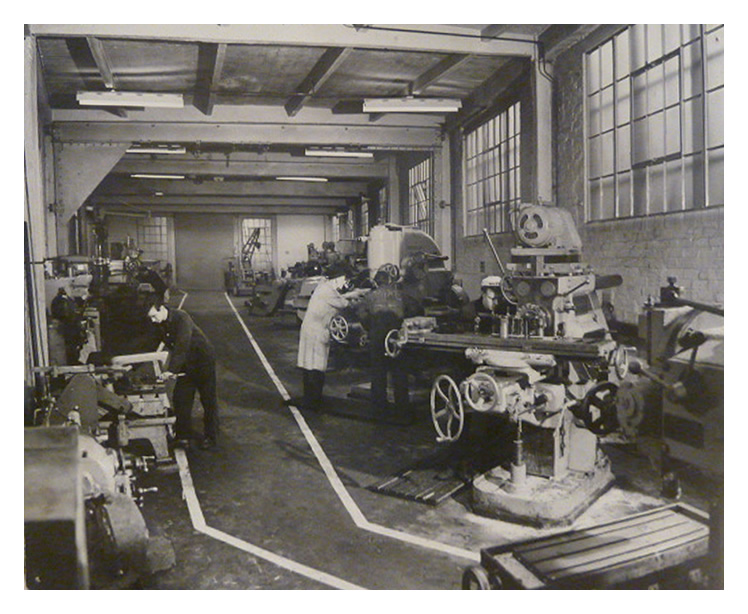 A view looking down the apprentice shop at the Penarth Dock Engineering Company Limited. 