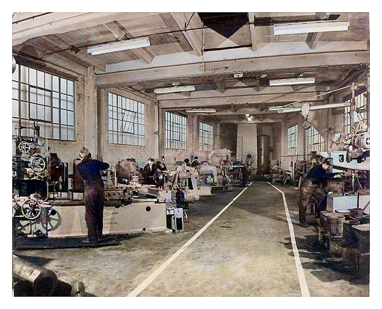 A view looking up the apprentice shop at the Penarth Dock Engineering Company Limited. 